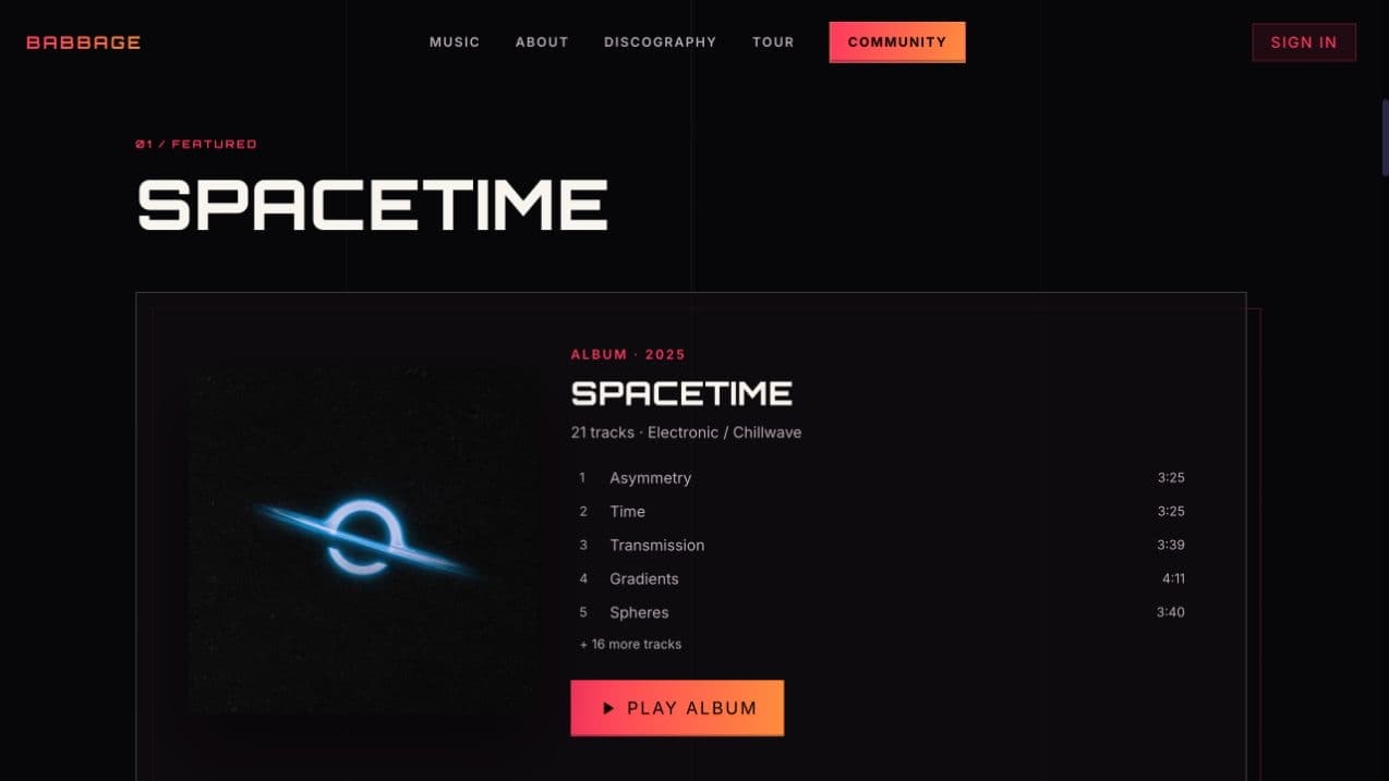 The public Babbage featured Spacetime album panel with artwork, track names, and Play Album action.