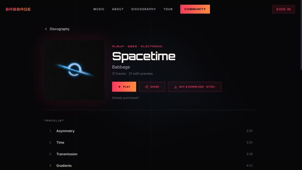 The public Babbage Spacetime album page with artwork, track list, and listening, sharing, and purchase controls.