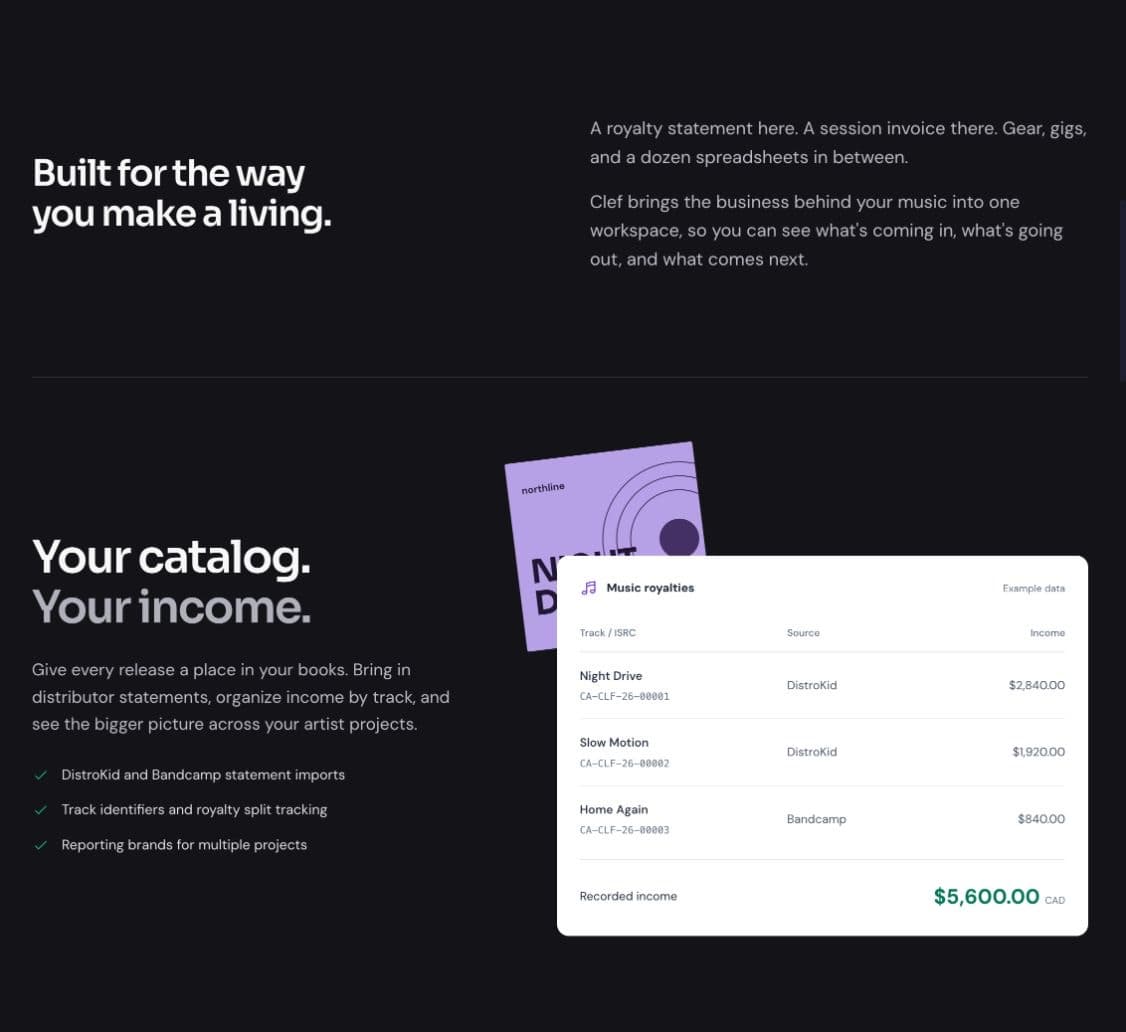 Clef public music section showing three illustrative tracks, their distributor sources, and a CAD royalty total.