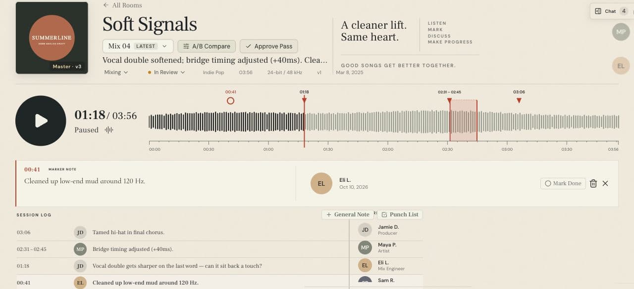 MixPass public sample showing the selected pass, waveform feedback markers, a timestamped note, and the session log.