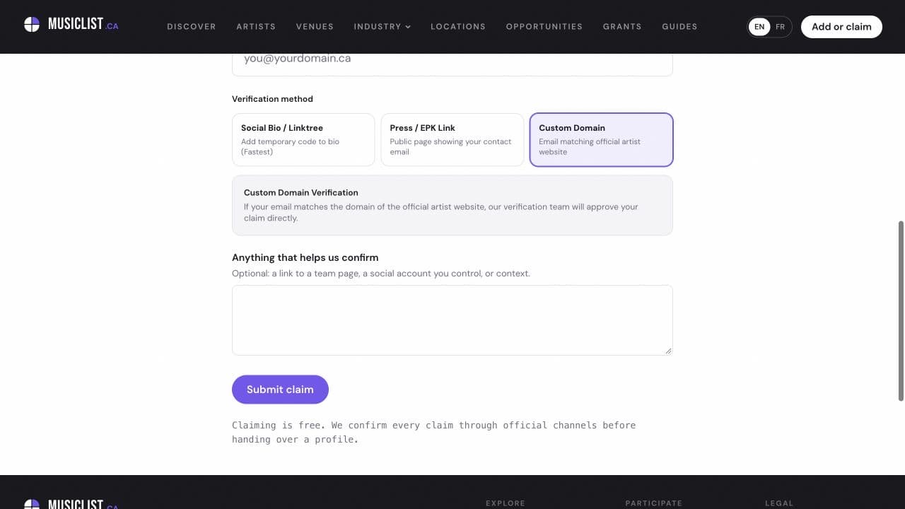 Unsubmitted MusicList claim form showing social, press-page, and domain verification choices, a supporting-context field, and the promise to confirm claims through official channels.