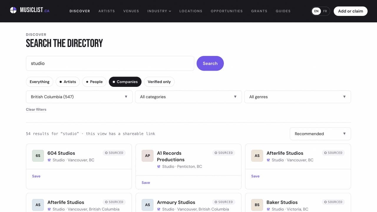 MusicList search for studio with Companies and British Columbia selected, showing sourced listings and a shareable search view.