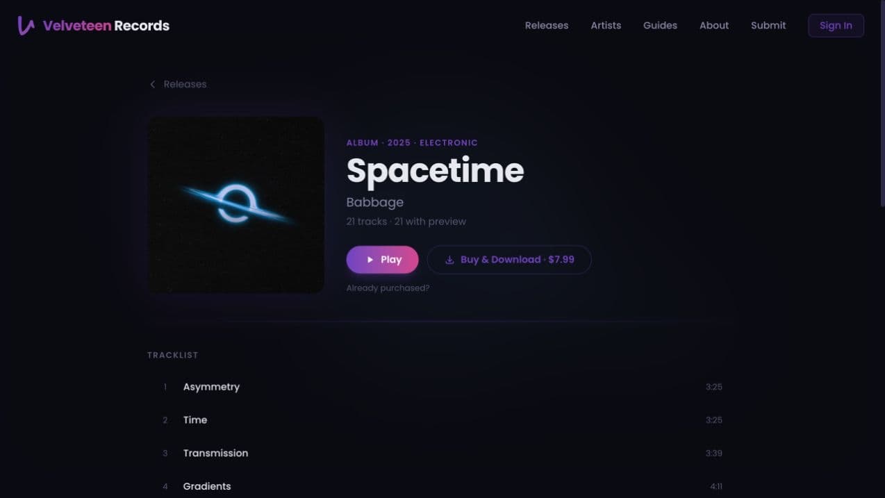 The public Velveteen Records Spacetime release page with artwork, Babbage credit, listening and purchase controls, and track list.