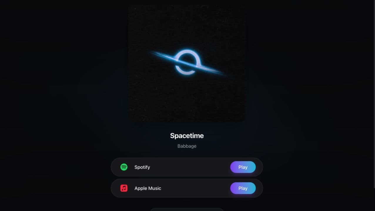 The public VLVTN Spacetime smart link with Babbage artwork and Spotify and Apple Music destinations.